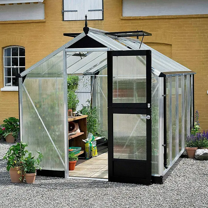 Juliana Gewächshaus Compact - Außenmaß inkl. Dachüberstand (B x T): 224 x 368 cm, Material Seitenwand: Kunststoff, 10 mm, Silber/Schwarz - Das Bild zeigt ein Gewächshaus mit geöffneter Tür, umgeben von Pflanzen und Kies. Das Gewächshaus steht vor einer gelben Backsteinmauer.