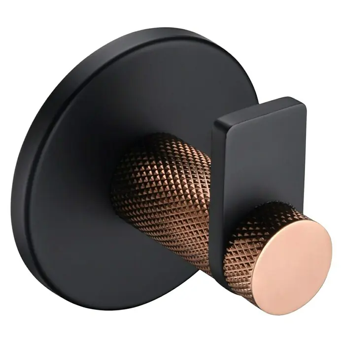 Bath Stage B-Luxor Toallero de gancho - 1 ud., Negro / Oro rosa - Accesorio de baño elegante: colgador de pared negro moderno con detalle de cobre. Práctico y decorativo para cualquier baño.