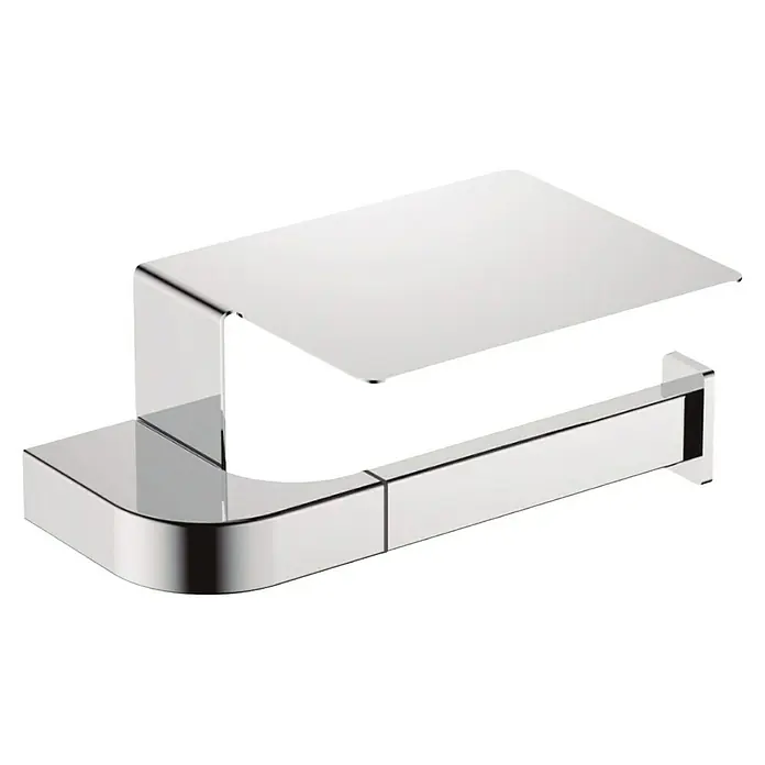 Bath Stage B-Line Portarollos de papel higiénico - Con tapa, Cromo - Primer plano de un moderno y brillante manecilla de grifo cromado con un diseño minimalista y rectangular con bordes suaves y redondeados.