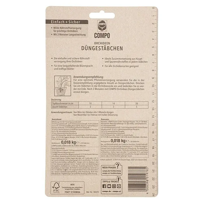 Compo Orchideendünger Orchideen - 20 Stk. - Eine Packung COMPO Orchideen Düngestäbchen, die eine einfache und sichere Nährstoffversorgung für prächtige Orchideen bietet.