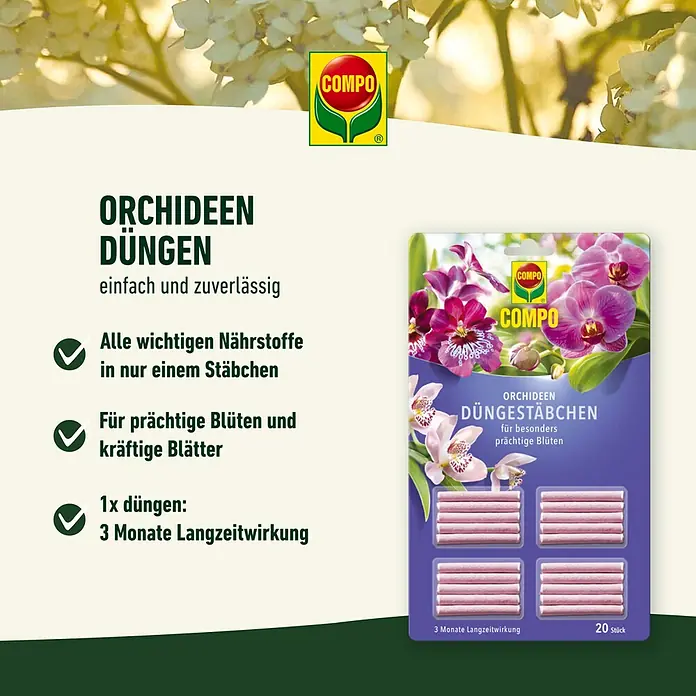 Compo Orchideendünger Orchideen - 20 Stk. - COMPO Orchideendünger-Stäbchen für prächtige Blüten und kräftige Blätter. Einfache Anwendung, Langzeitwirkung für gesundes Wachstum.