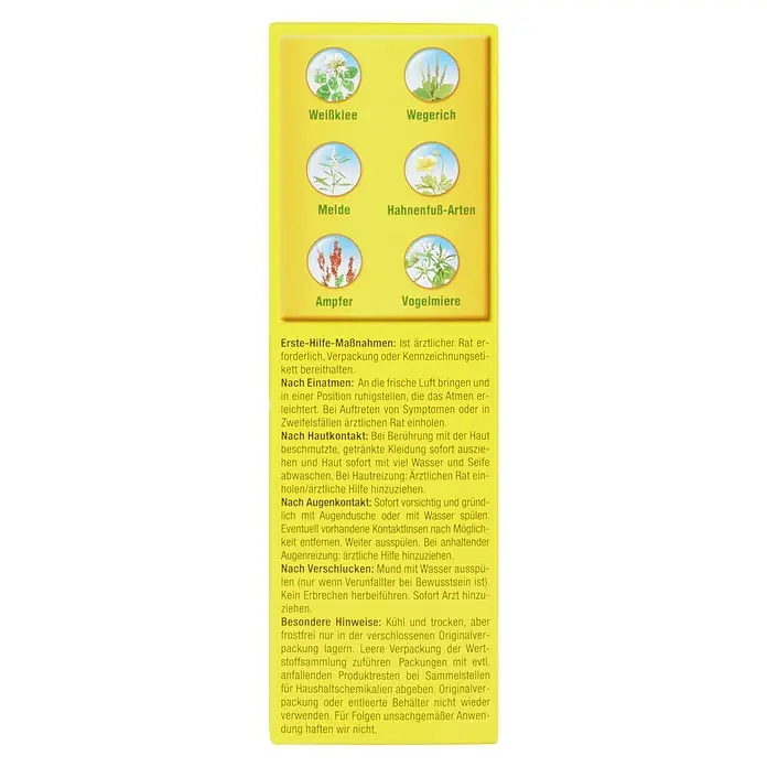 Compo Unkrautvernichter Banvel Quattro - 400 ml - Informationen zur Ersten Hilfe mit Abbildungen von Pflanzen wie Weißklee, Wegerich, Melde, Hahnenfuß, Ampfer und Vogelmiere.