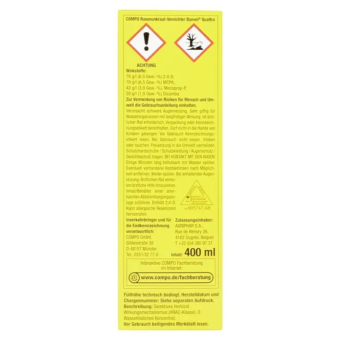 Compo Unkrautvernichter Banvel Quattro - 400 ml - Etikett des COMPO Rasenunkraut-Vernichter Banvel Quattro. Enthält Warnhinweise und Informationen zu Inhaltsstoffen und Anwendung.