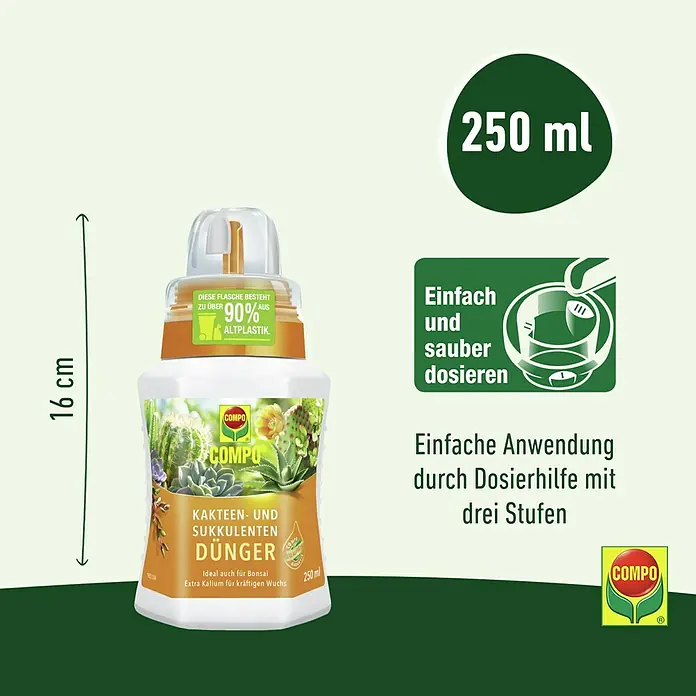 Compo Kakteendünger - 250 ml - Abbildung einer 250ml Flasche Compo Kakteen- und Sukkulentendünger, 16cm hoch, mit Dosierhilfe und aus über 90% recyceltem Altplastik.
