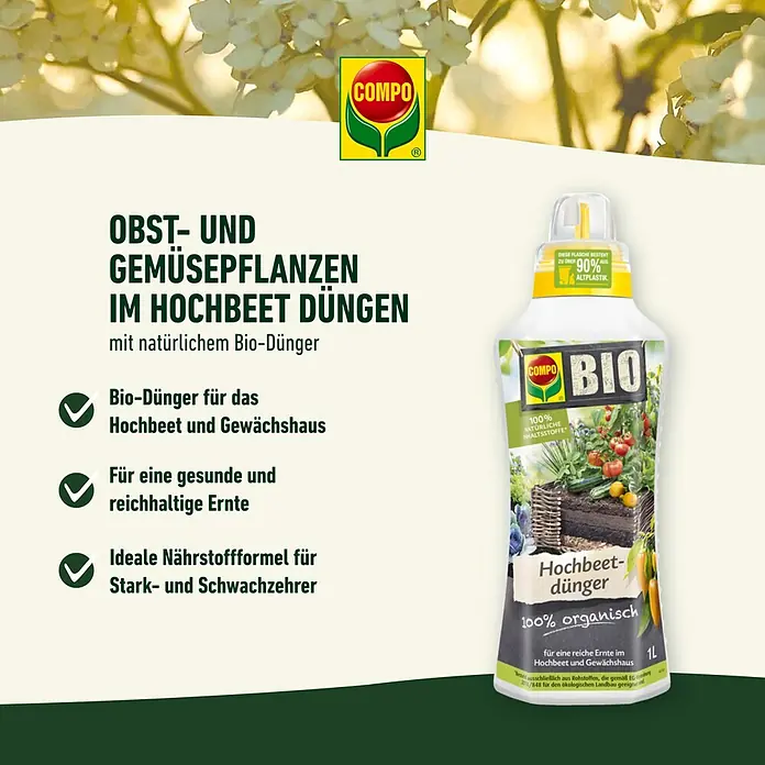 Compo Hochbeetdünger Bio - 1 l - COMPO Bio-Hochbeetdünger für Obst- und Gemüse, ideal für Hochbeete und Gewächshäuser, für eine reiche Ernte.