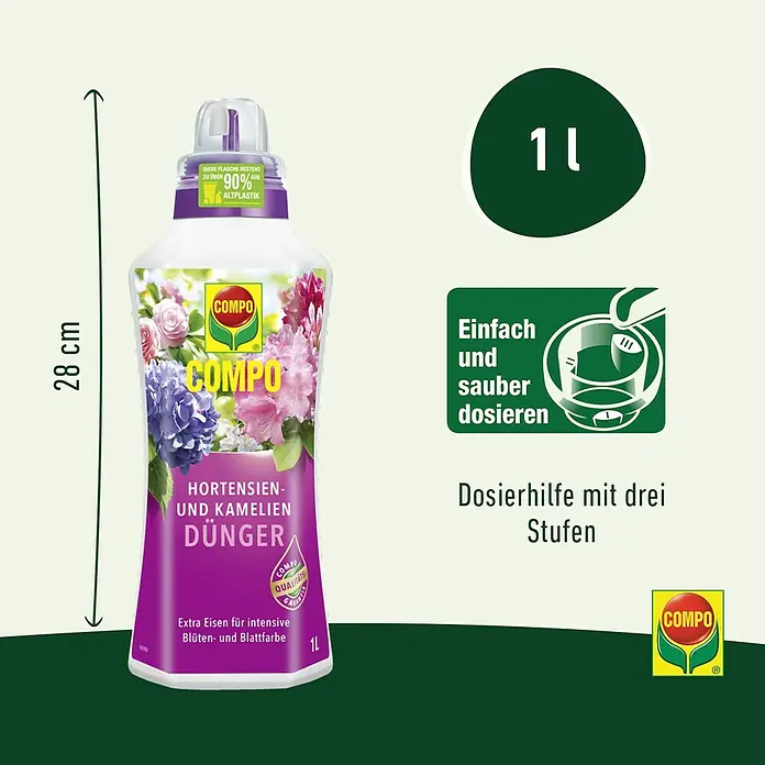 Compo Hortensiendünger - 1 l - COMPO Hortensien- und Kameliendünger: Flüssigdünger für üppige Blüten und intensive Farben. 1 Liter Flasche, 28 cm hoch.