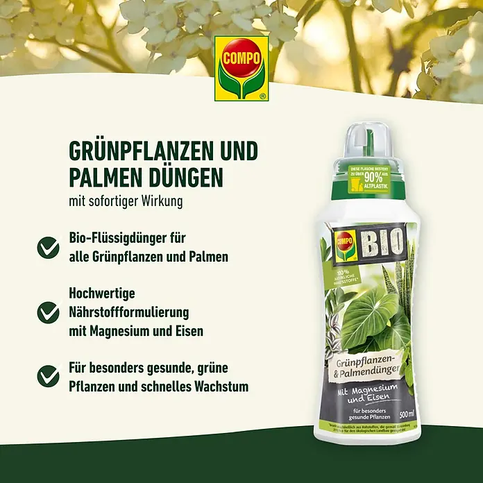 Compo Bio Grünpflanzendünger - 500 ml - COMPO Bio Grünpflanzen- und Palmendünger, ein Bio-Flüssigdünger für gesunde, grüne Pflanzen und schnelles Wachstum mit Magnesium und Eisen.