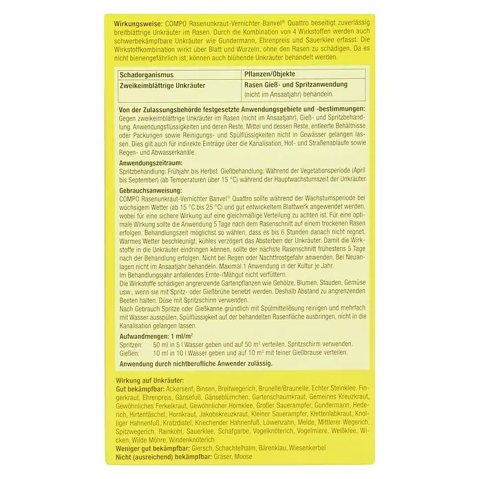 Compo Unkrautvernichter Banvel Quattro - 400 ml - Informationen zum COMPO Rasenunkraut-Vernichter Banvel® Quattro, einem zuverlässigen Breitbandherbizid für Rasenflächen.