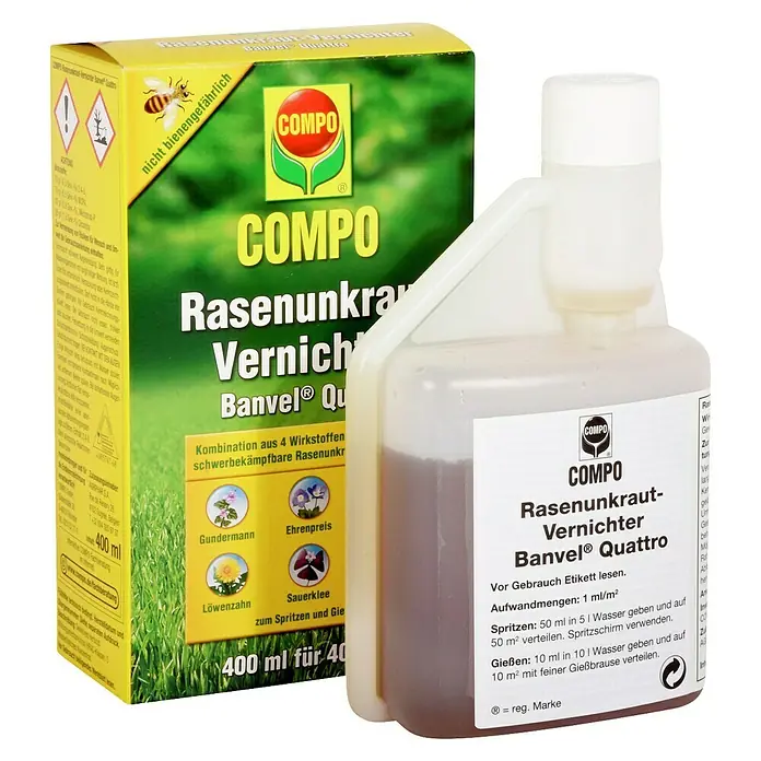 Compo Unkrautvernichter Banvel Quattro - 400 ml - COMPO Rasenunkraut-Vernichter Banvel Quattro: Ein starkes Produkt zur Bekämpfung von Unkraut im Rasen, sicher für den schönen Garten.