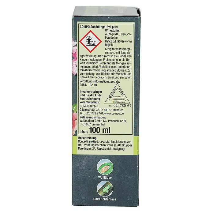 Compo Bio-Schädlingsfrei Plus - 100 ml - Nahaufnahme der Produktverpackung von COMPO Schädlings-frei plus, einem Schädlingsbekämpfungsmittel.