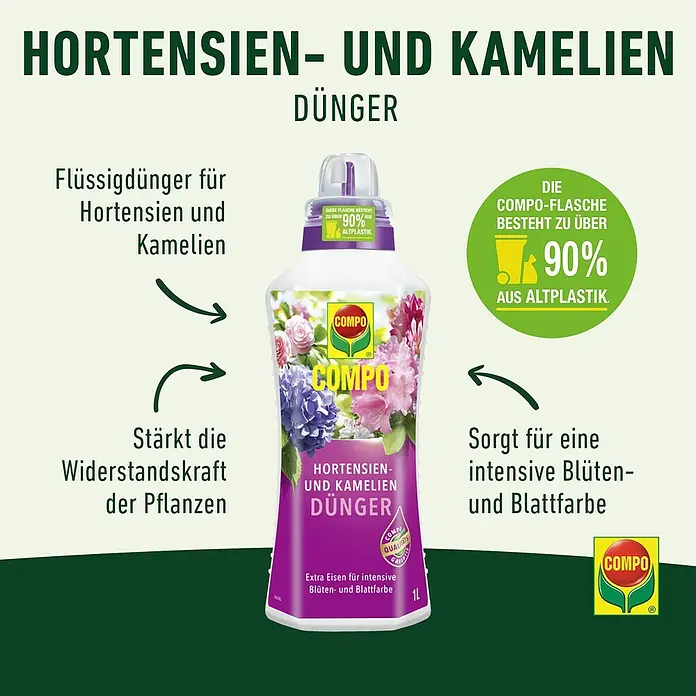 Compo Hortensiendünger - 1 l - COMPO Hortensien- und Kameliendünger: Flüssigdünger für üppige Blüten und starke Pflanzen, Flasche aus 90% Altplastik für Umweltfreundlichkeit.