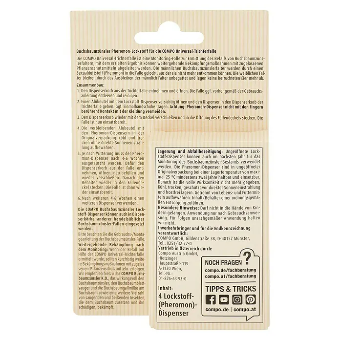 Compo Buchsbaumzünsler-Lockstoff - 4 Stk. - COMPO Buchsbaumzünsler Pheromon-Lockstoff Nachfüllpackung, zur Verwendung mit COMPO Universal-Trichterfalle oder ähnlichen Fallen.