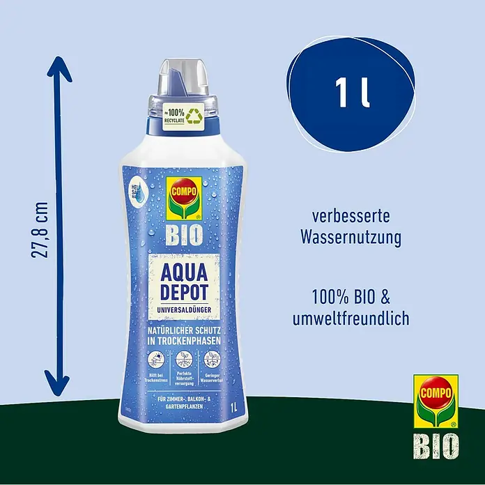 Compo Bio Universaldünger Aqua Depot - 1 ml - Abbildung des Compo Bio Aqua Depot Universaldüngers, ein biologischer Flüssigdünger für Zimmer-, Balkon- und Gartenpflanzen.