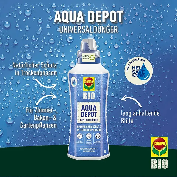 Compo Bio Universaldünger Aqua Depot - 1 ml - Abbildung einer Flasche Aqua Depot Bio Universaldünger, die für Zimmer-, Balkon- & Gartenpflanzen geeignet ist und Schutz in Trockenphasen bietet.