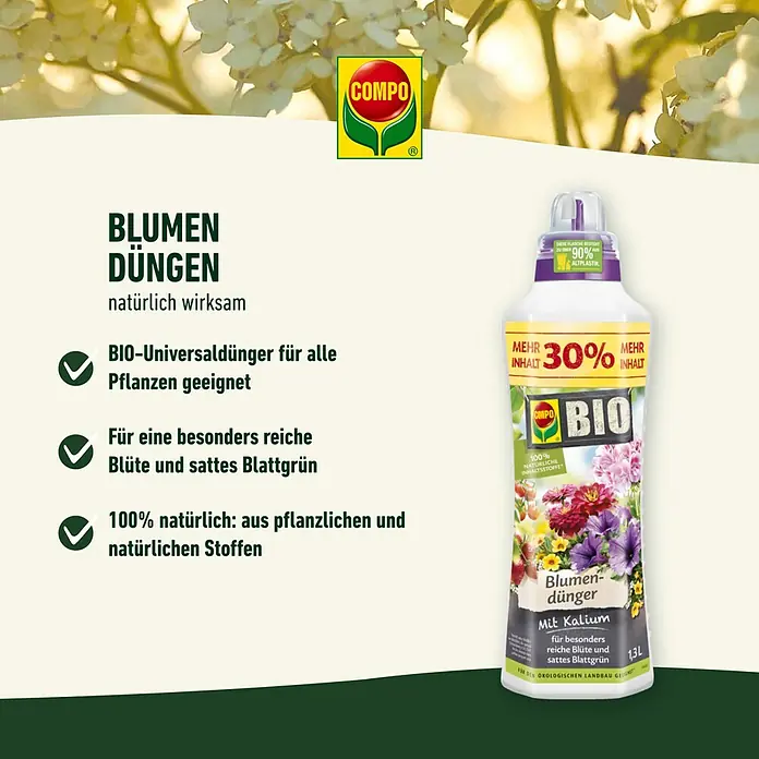 Compo Bio Blühpflanzendünger - 1,3 l - COMPO Blumendünger Bio mit Kalium. Für üppige Blüten und sattes Grün, natürlich wirksam und für alle Pflanzen geeignet.