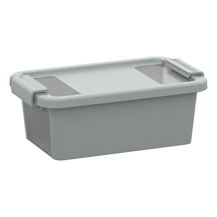 KIS Aufbewahrungsbox Bi-Box - L x B x H: 16 x 26,5 x 10 cm, Grau, Mit Deckel - Ein grauer Kunststoffbehälter mit Deckel und seitlichen Griffen, ideal zur Aufbewahrung und Organisation von Gegenständen.