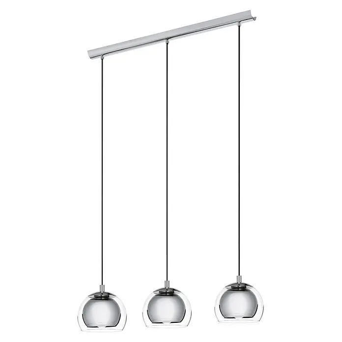 Eglo Lámpara colgante redonda Rocamar - Altura: 110 cm, Cromo, 120 W - Lámpara colgante moderna con tres globos de vidrio transparente y detalles plateados para iluminación elegante.