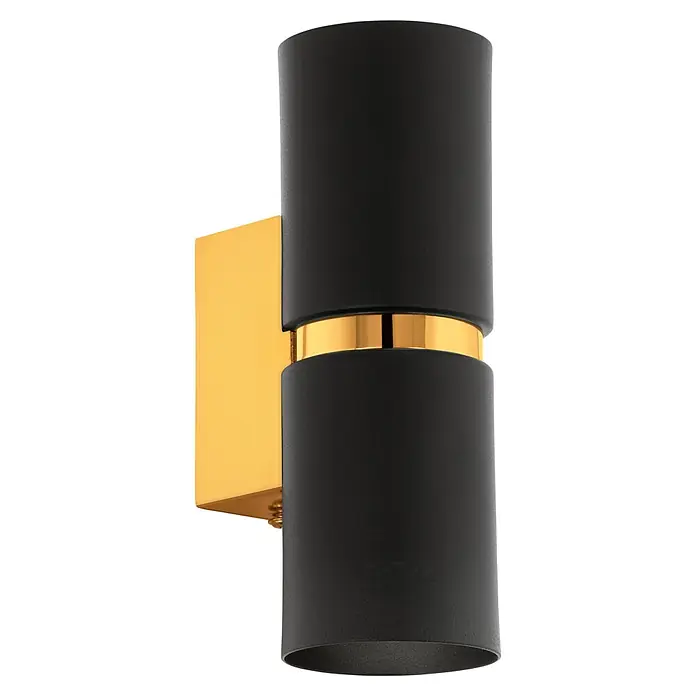 Eglo Aplique de pared Passa - 6 W, L x An x Al: 6 x 6 x 17 cm, Negro, GU10 - Lámpara de pared moderna negra y dorada. Diseño elegante con cuerpo de lámpara cilíndrico y soporte de pared dorado.