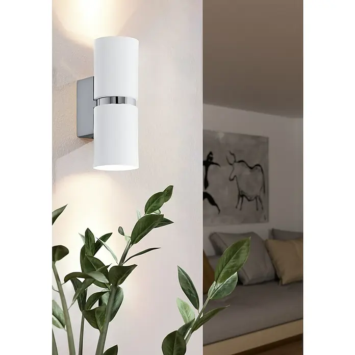 Eglo Aplique de pared Passa - 6 W, L x An x Al: 6 x 6 x 17 cm, Blanco, GU10 - Lámpara de pared moderna con dos pantallas cilíndricas blancas y detalles cromados, que ofrece iluminación elegante.