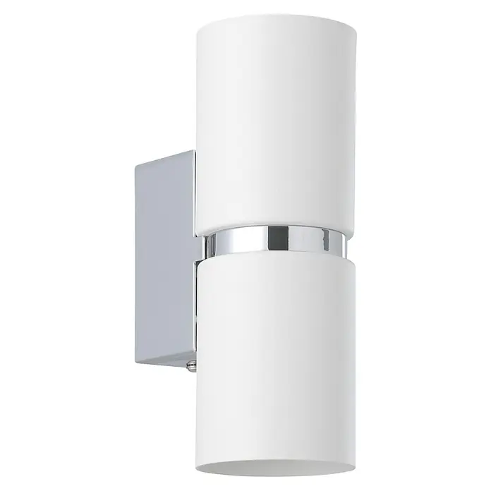 Eglo Aplique de pared Passa - 6 W, L x An x Al: 6 x 6 x 17 cm, Blanco, GU10 - Lámpara de pared con dos pantallas cilíndricas blancas y un soporte cromado brillante que ofrece un diseño elegante y moderno.