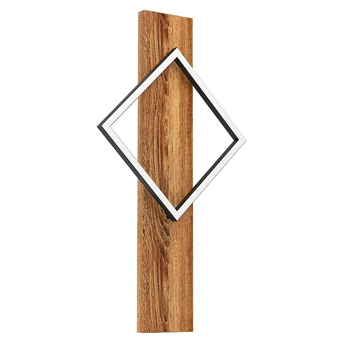 Eglo Boyal Aplique de pared LED - 13 W, L x Al: 30,5 x 56 cm, Marrón, Blanco cálido - Poste de madera con borde blanco cuadrado, una lámpara de pared moderna y elegante para interiores. Diseño elegante.
