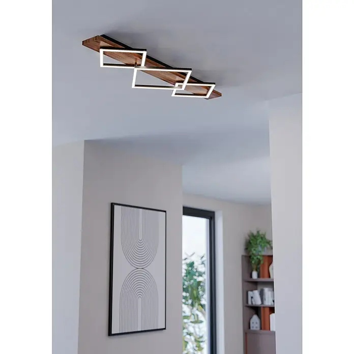 Eglo Plafón LED Boyal - 29 W, An x L: 40,5 x 101 cm, Marrón, Blanco cálido - Lámpara de techo moderna con base de madera y marcos LED rectangulares para una iluminación elegante.