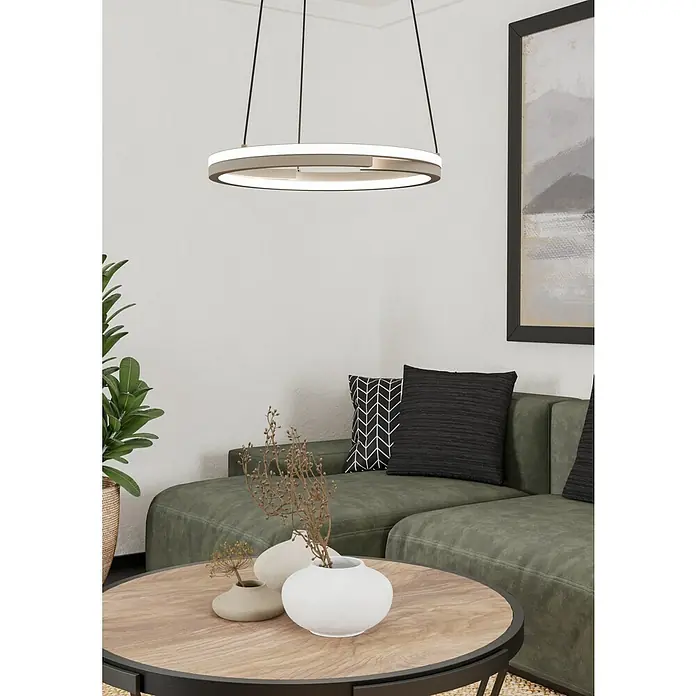Eglo LED-Pendelleuchte rund Mezzomonte - 20 W, Ø x H: 48 x 110 cm, Sandfarben, Warmweiß - Moderne Ring-Hängeleuchte in Grau, die ein stilvolles Ambiente schafft. Perfekt für Wohnzimmer oder Essbereich.