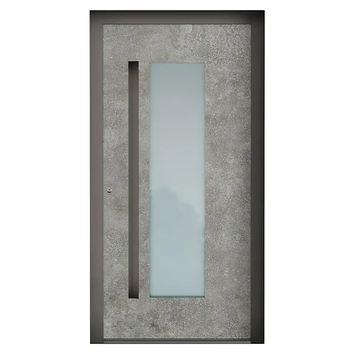 Aurelis Haustür BH 309 - 110 x 210 cm, DIN Anschlag: Links, Keramik Beton/Weiß - Graue Tür mit rechteckigem Glaseinsatz und schmalem, vertikalem Griff. Die Tür hat eine moderne und schlichte Optik.