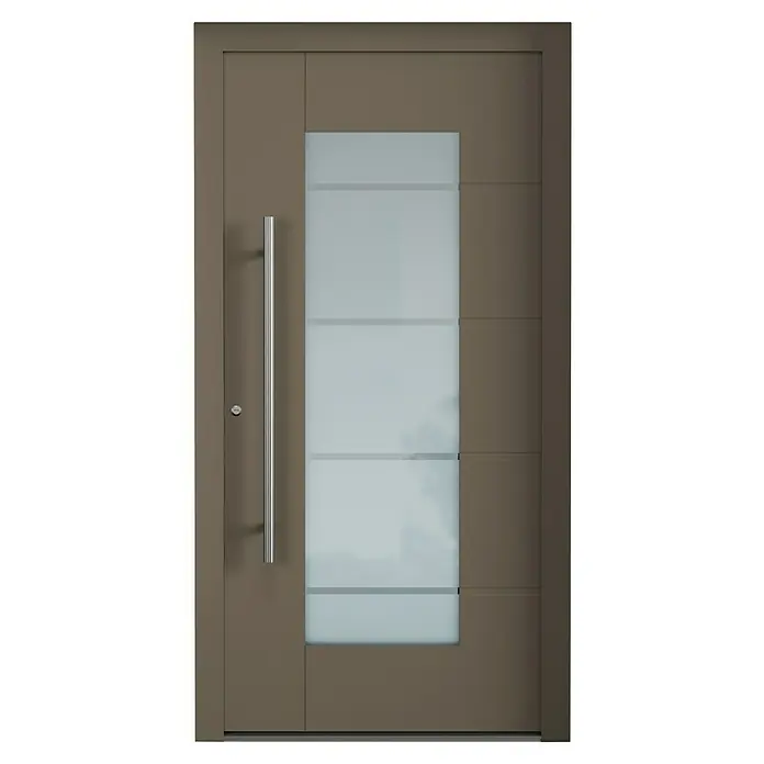 Aurelis Haustür BH 411 - 110 x 210 cm, DIN Anschlag: Links, Beigegrau/Weiß - Moderne Haustür in Braun mit großem, rechteckigem Glaseinsatz und langem, senkrechtem Griff. Sieht einladend und stilvoll aus.