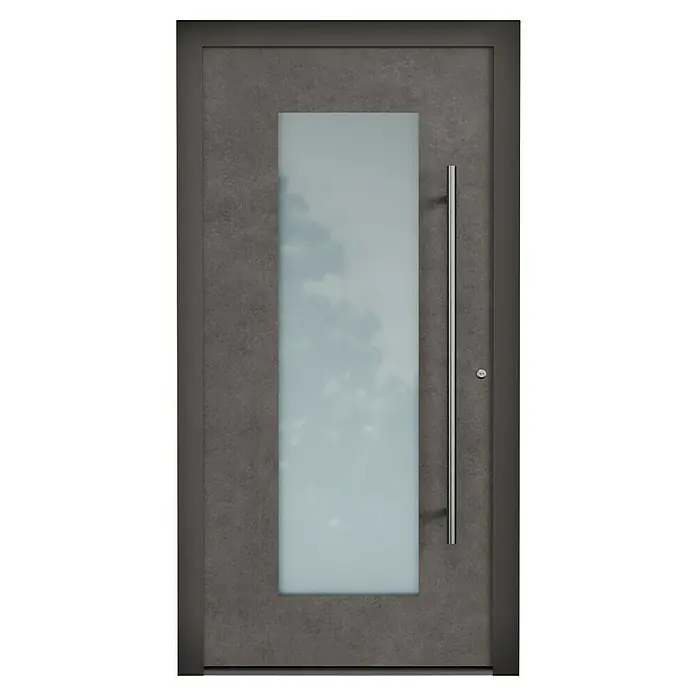 Aurelis Haustür BH 409 - 110 x 210 cm, DIN Anschlag: Rechts, Keramik Piombo/Weiß - Eine moderne Haustür mit grauem Rahmen, einer länglichen Glasfläche und einem silberfarbenen Griff. Blickfang für jeden Hauseingang.