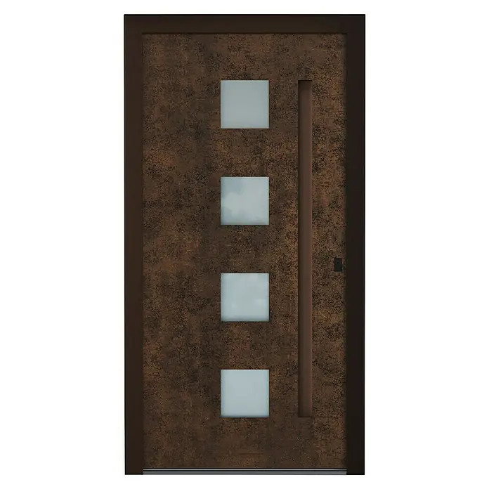 Aurelis Haustür BH 609 - 110 x 210 cm, DIN Anschlag: Rechts, Keramik Corten/Weiß - Braune Haustür mit quadratischen Fenstern und einem länglichen Griff. Das Design ist modern und schlicht gehalten.