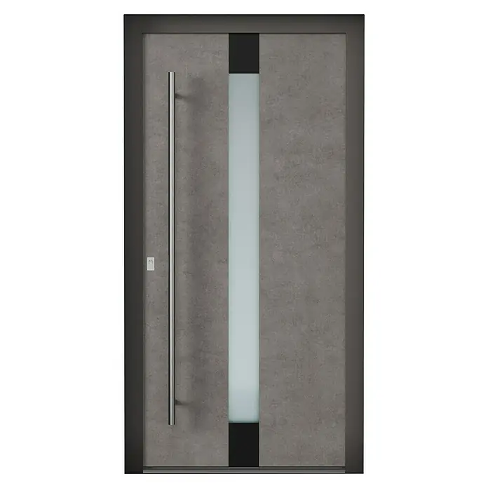 Aurelis Haustür BH 209 - 110 x 210 cm, DIN Anschlag: Links, Keramik Piombo/Weiß - Elegante Haustür mit strukturiertem Grau und vertikalem Glaselement. Der lange Türgriff aus Edelstahl und der dunkle Rahmen unterstreichen das moderne Design.