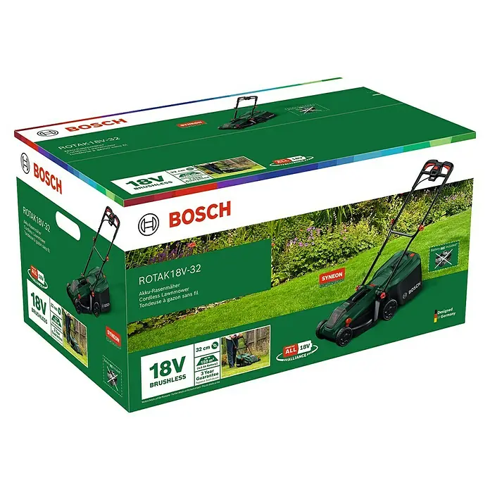 Bosch Power for All 18V Akku-Rasenmäher ROTAK18V-32 - Ohne Akku, Schnittbreite: 32 cm - Bild einer Verpackung für einen Bosch ROTAK 18V-32 Akku-Rasenmäher, der kabelloses Mähen verspricht.