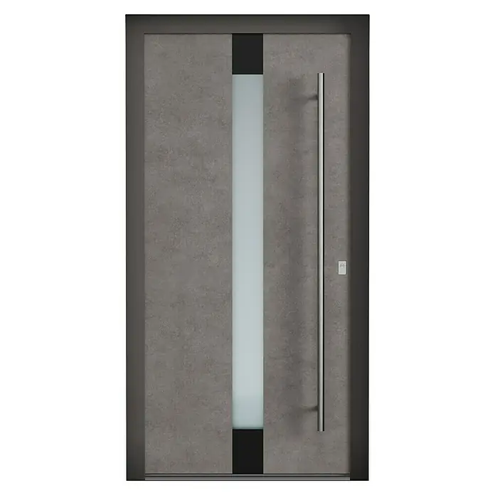 Aurelis Haustür BH 209 - 110 x 210 cm, DIN Anschlag: Rechts, Keramik Piombo/Weiß - Elegante Haustür mit grauer Oberfläche, vertikalem Glaseinsatz, schwarzem Akzent und einem langen, modernen Türgriff.
