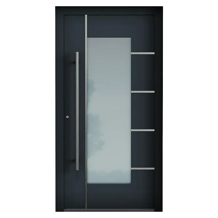 Aurelis Haustür BH 431 - 110 x 210 cm, DIN Anschlag: Links, Anthrazitgrau/Weiß - Moderne Haustür mit grauem Türblatt, vertikalem Griff und rechteckigem Glaseinsatz mit drei horizontalen Zierleisten für stilvollen Eingangsbereich.