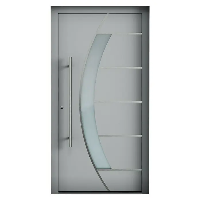 Aurelis Haustür BH 701 - 110 x 210 cm, DIN Anschlag: Links, Graualuminium/Weiß - Moderne Haustür mit geradem Griff und dekorativer Glasgestaltung für einen stilvollen Eingangsbereich.