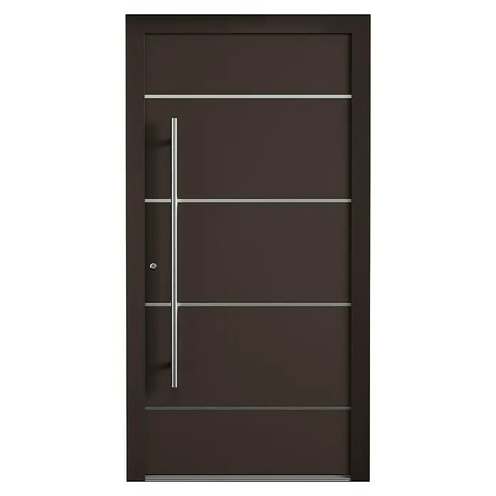 Aurelis Haustür BH 821 - 110 x 210 cm, DIN Anschlag: Links, Schokoladenbraun/Weiß - Braune Haustür mit horizontalen Zierlinien und einem vertikalen Griff. Elegantes und modernes Design für einen einladenden Eingangsbereich.