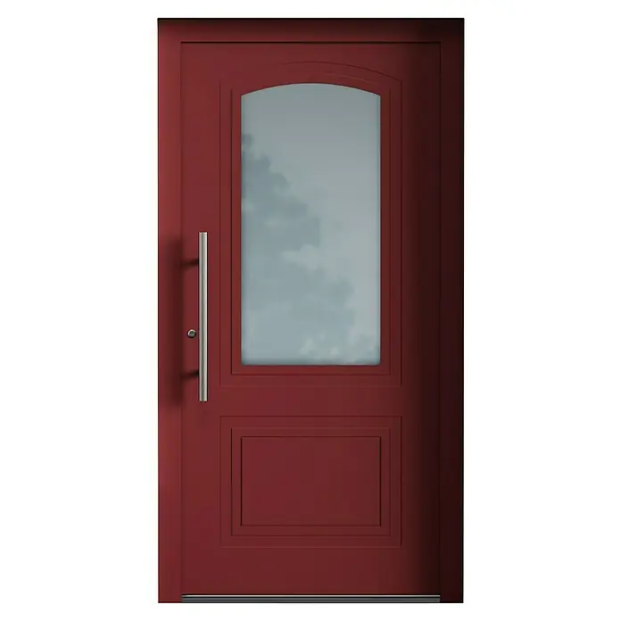 Aurelis Haustür BH 1001 - 110 x 210 cm, DIN Anschlag: Links, Purpurrot/Weiß - Elegante rote Tür mit Glaseinsatz und modernem Griff. Die Tür besticht durch ihr stilvolles Design und hohe Qualität.