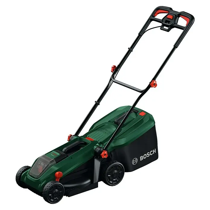 Bosch Power for All 18V Akku-Rasenmäher ROTAK18V-32 - Ohne Akku, Schnittbreite: 32 cm - Das Bild zeigt einen grünen Bosch Akku-Rasenmäher mit schwarzen Akzenten, der auf einem schwarzen Untergrund steht.