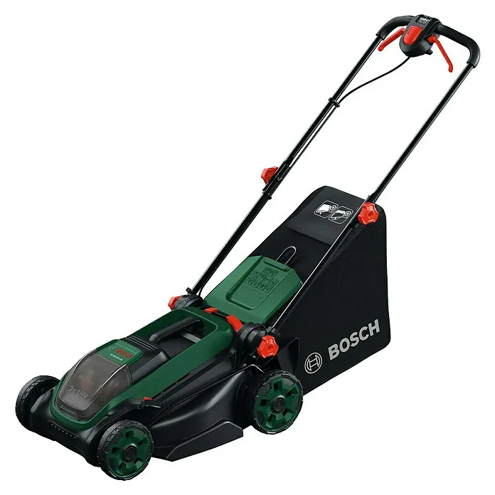Bosch Power for All 18V Akku-Rasenmäher ROTAK18V2-38 - Ohne Akku, Schnittbreite: 38 cm - Akkubetriebener Rasenmäher von Bosch, ideal für kleine bis mittelgroße Gärten, mit Fangkorb und verstellbarer Schnitthöhe für präzises Mähen.