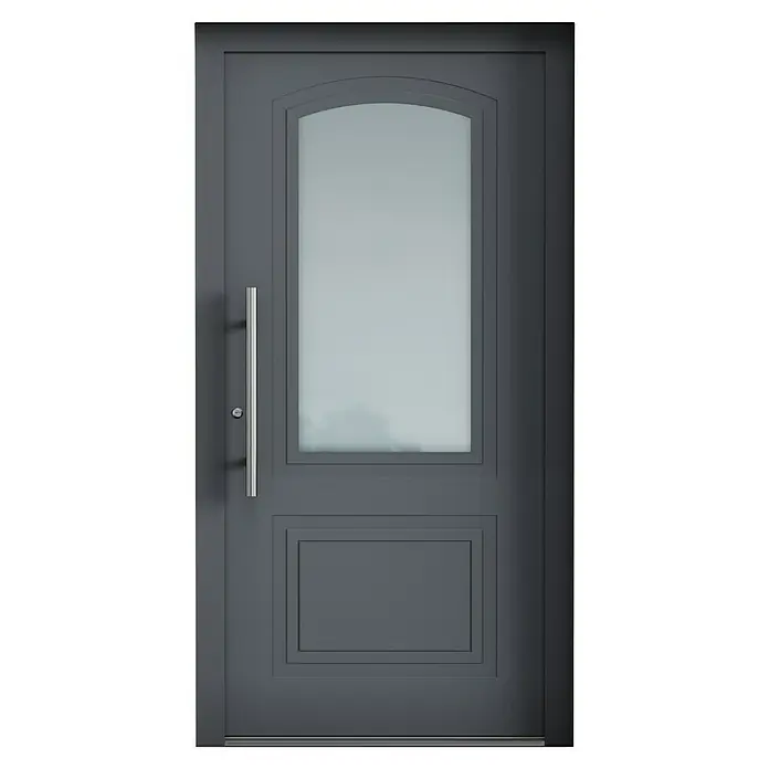 Aurelis Haustür BH 1001 - 110 x 210 cm, DIN Anschlag: Links, Anthrazitgrau/Weiß - Graue Tür mit Glaseinsatz oben und rechteckigem Feld unten, vertikalem Griff auf der linken Seite.