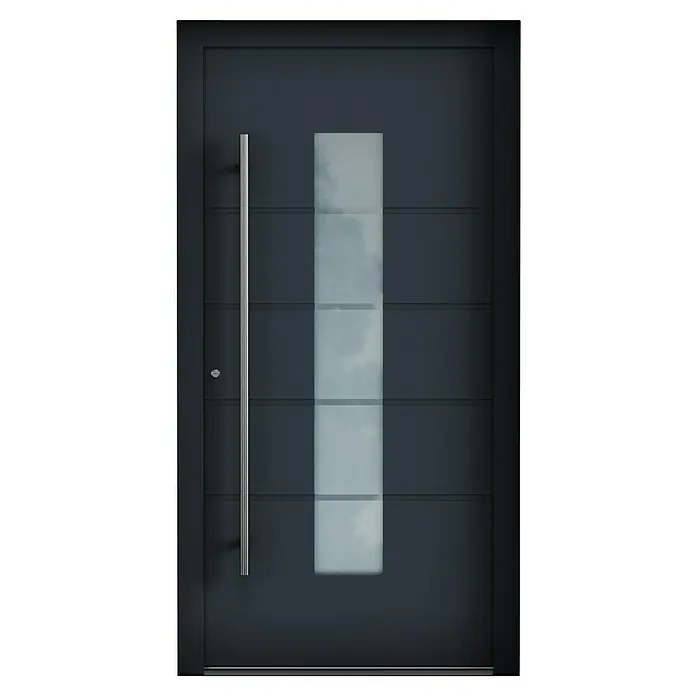 Aurelis Haustür BH 121 - 110 x 210 cm, DIN Anschlag: Links, Anthrazitgrau/Weiß - Moderne Haustür in Anthrazit mit vertikalem Glaseinsatz und langem, geradem Türgriff aus Edelstahl. Stilvolles Design für jedes Haus.