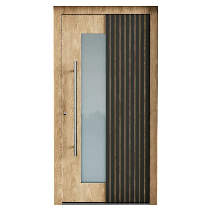 Aurelis Haustür BH 1101 - 110 x 210 cm, DIN Anschlag: Links, Eiche hell Dekor/Weiß - Moderne Haustür aus Holz mit Glaselement und vertikalen, dunklen Zierleisten. Einladendes Design für den Hauseingang.