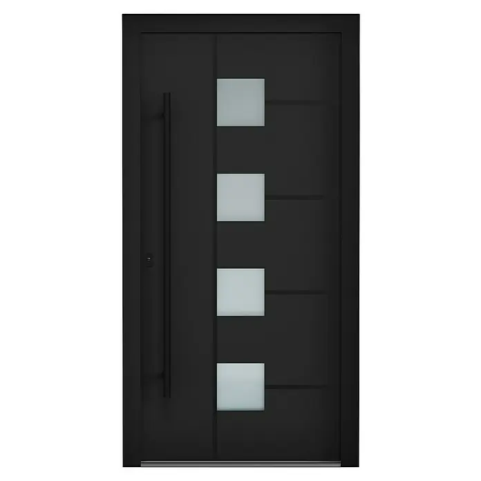 Aurelis Haustür BH 621 - 110 x 210 cm, DIN Anschlag: Links, Tiefschwarz/Weiß - Elegante, moderne Haustür in Anthrazit mit vier quadratischen Glaseinsätzen und einem langen, senkrechten Griff.