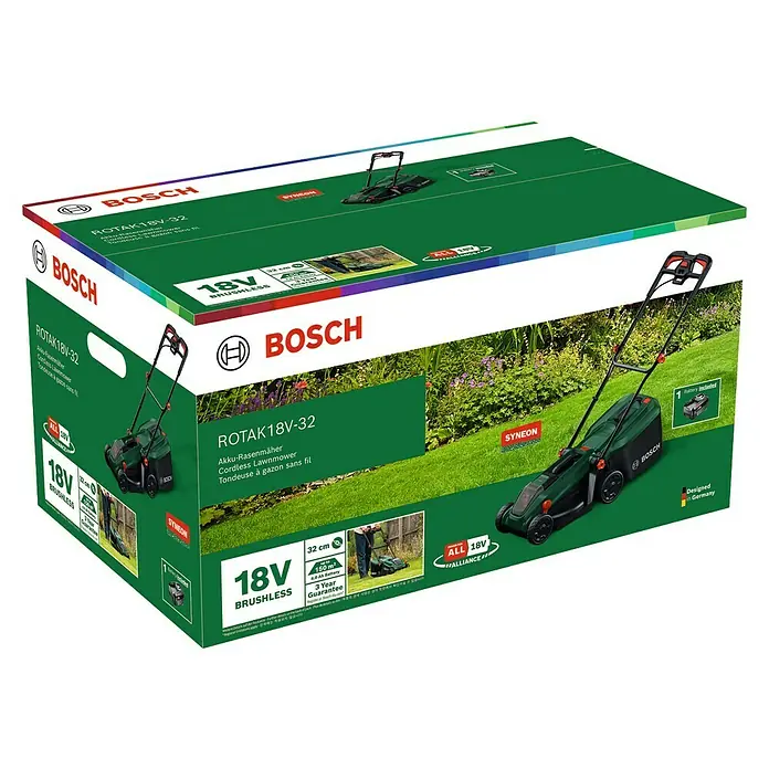Bosch Power for All 18V Akku-Rasenmäher ROTAK18V-32 - 1 Akku, 4 Ah, Schnittbreite: 32 cm - Verpackung des Bosch ROTAK 18V-32 Akku-Rasenmähers mit Produktbildern und technischen Details.