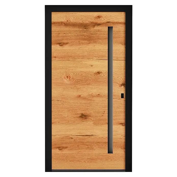 Aurelis Haustür BH 801 - 110 x 210 cm, DIN Anschlag: Rechts, Altholz Dekor/Weiß - Elegante Holztür mit modernem, eingelassenem Griff und schwarzem Rahmen, die ein stilvolles Design für jeden Eingangsbereich bietet.