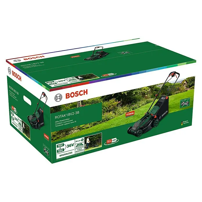 Bosch Power for All 18V Akku-Rasenmäher ROTAK18V2-38 - Ohne Akku, Schnittbreite: 38 cm - Karton mit einem Bosch Rotak 18V2-38 Akku-Rasenmäher, der kabelloses Mähen mit 18V/36V Akkus und einer Schnittbreite von 38 cm ermöglicht.