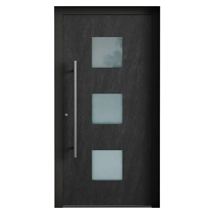 Aurelis Haustür BH 509 - 110 x 210 cm, DIN Anschlag: Links, Keramik Black/Weiß - Moderne Eingangstür mit drei quadratischen Glaseinsätzen und einem langen, vertikalen Türgriff, ideal für zeitgenössische Häuser.