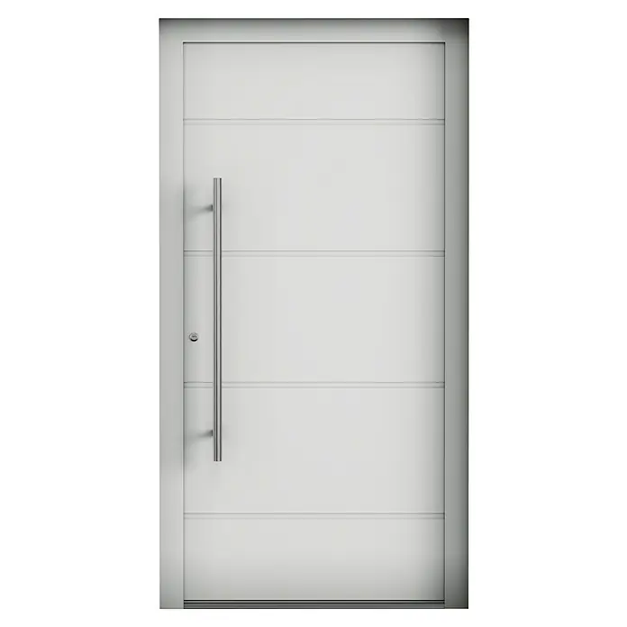 Aurelis Haustür BH 811 - 110 x 210 cm, DIN Anschlag: Links, Lichtgrau/Weiß - Elegante, moderne weiße Haustür mit schlichten, horizontalen Linien und einem langen, vertikalen Griff für einen stilvollen Eingangsbereich.
