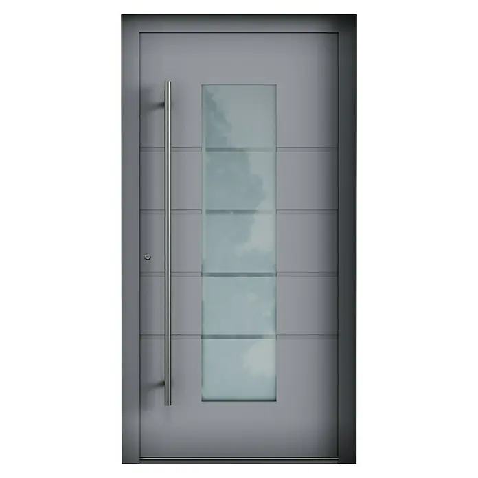 Aurelis Haustür BH 311 - 110 x 210 cm, DIN Anschlag: Links, Fenstergrau/Weiß - Moderne Haustür in Grau mit senkrechtem Fensterband und langem, senkrechtem Griff. Das Design ist schlicht und elegant.
